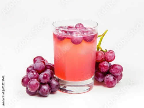Cold grape juice in a clear glass with bunches of grapes placed around, isolated on a white background, highlighting its natural sweetness
