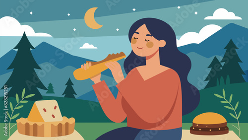 A woman bites into a slice of homemade banana bread while humming along to a folk song at a cozy outdoor concert in the countryside.. Vector illustration