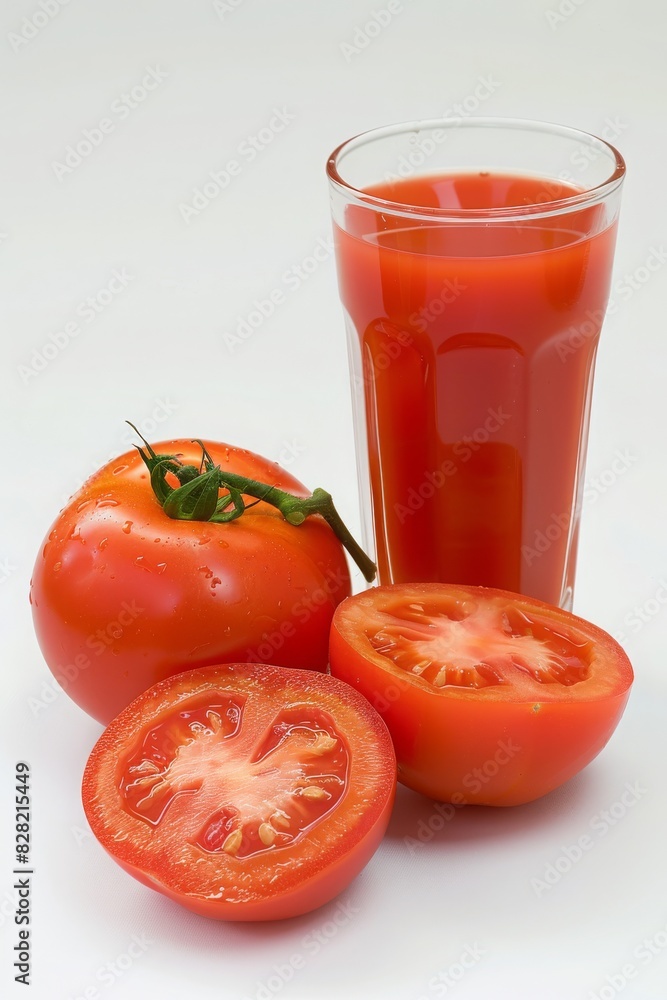 Clear glass of tomato juice with whole and sliced tomatoes, isolated on a white background, emphasizing its fresh and natural ingredients Clear glass of tomato juice with whole and sliced tomatoes, isolated on a white background, emphasizing its fresh and natural ingredients