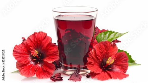 A vibrant glass of hibiscus tea with hibiscus flowers around, isolated on a pristine white background, showcasing its rich color and health benefits