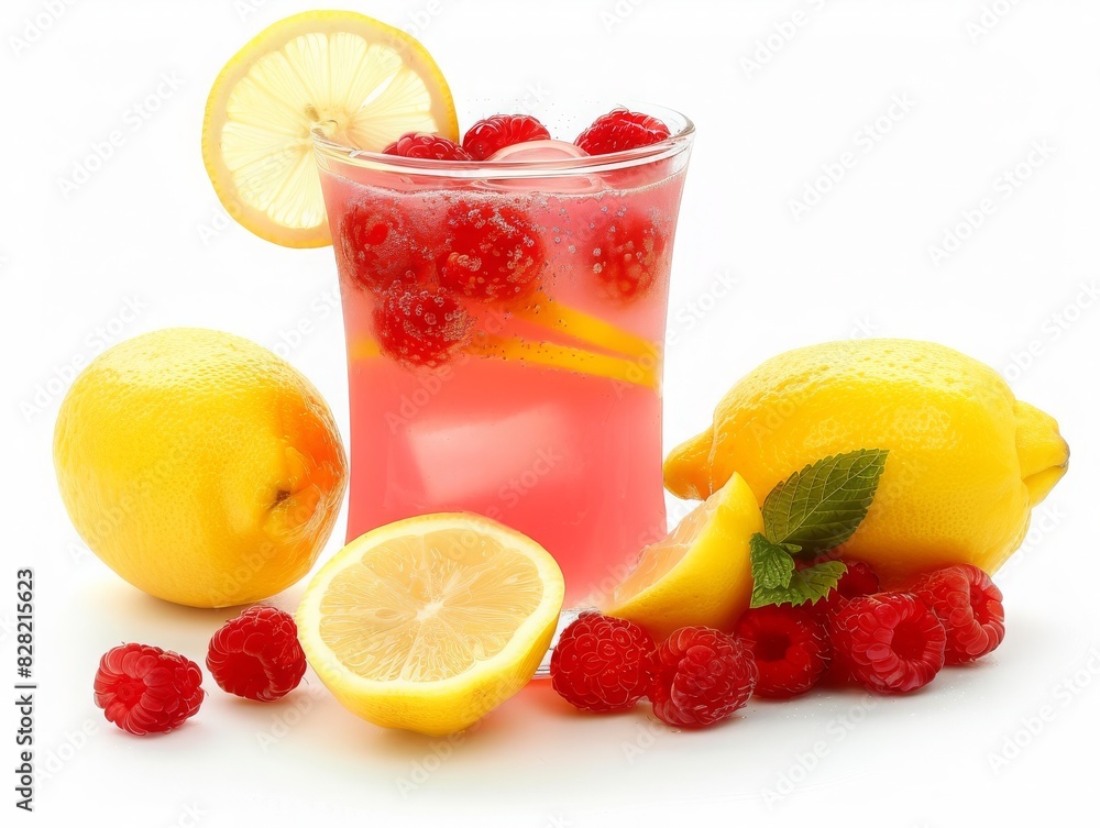 A refreshing glass of raspberry lemonade with whole raspberries and lemon slices, isolated on a white background A refreshing glass of raspberry lemonade with whole raspberries and lemon slices, isolated on a white background