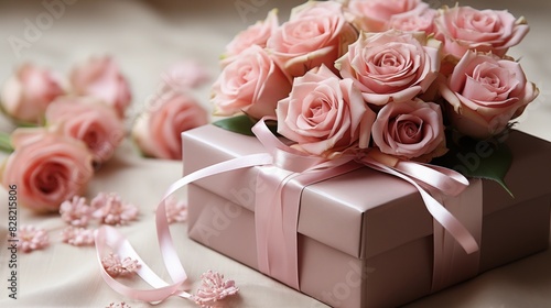 Beautifully Wrapped Gift Box Adorned with Elegant Pink Roses