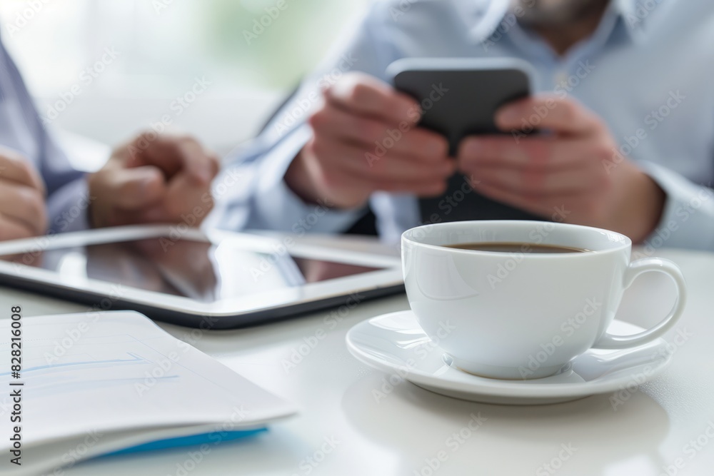 A businessman in a suit with a tablet talking to customers and a meeting with a woman in the morning is a successful business idea. The businesswoman is making a sales pitch. A businessman in a suit with a tablet talking to customers and a meeting with a woman in the morning is a successful business idea. The businesswoman is making a sales pitch.