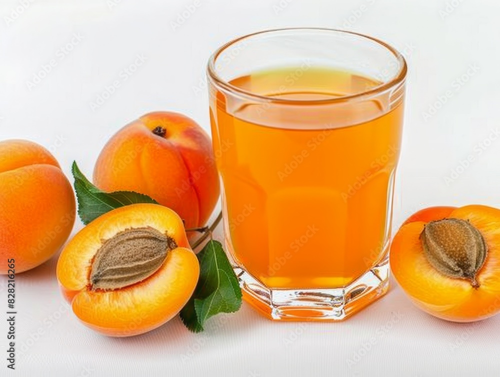 Clear glass of apricot nectar with whole and sliced apricots, isolated on a clean white background, emphasizing its rich flavor Clear glass of apricot nectar with whole and sliced apricots, isolated on a clean white background, emphasizing its rich flavor