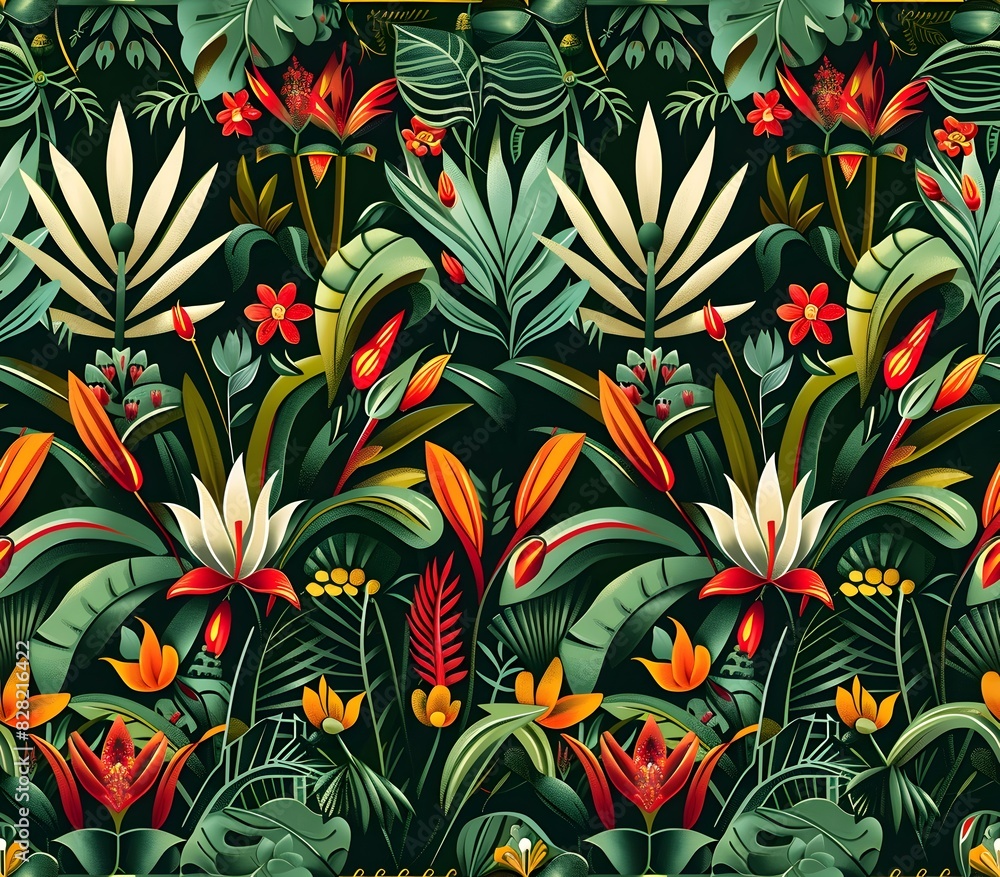 Lush Jungle Inspired Art Deco Pattern with Opulent Floral and Geometric Motifs in a Vibrant Seamless Lush Jungle Inspired Art Deco Pattern with Opulent Floral and Geometric Motifs in a Vibrant Seamless
