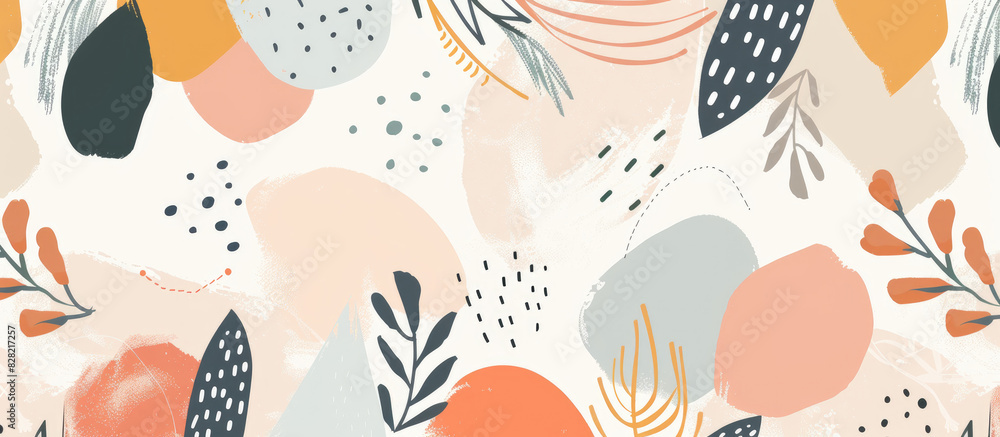 Abstract seamless pattern with hand drawn shapes and doodles, organic forms and nature elements in pastel colors on white background