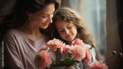 A Serene Moment: Mother and Daughter Cherishing Pink Flowers Together