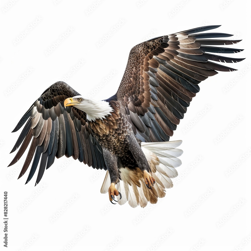 Fototapeta premium Majestic bald eagle soaring overhead vectro white background