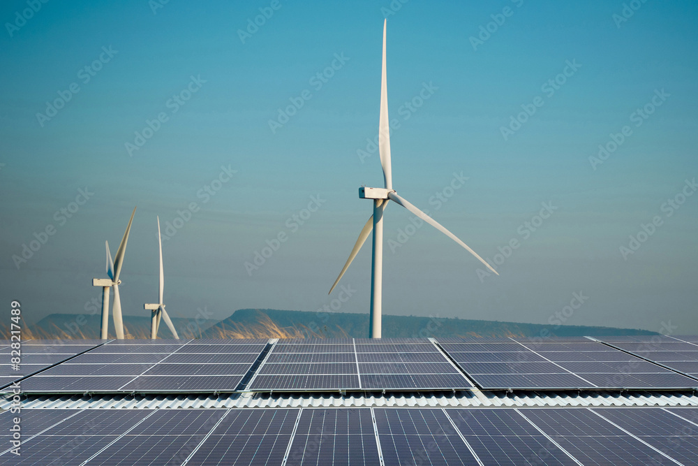 Solar cells and wind turbines produce electricity, clean energy.