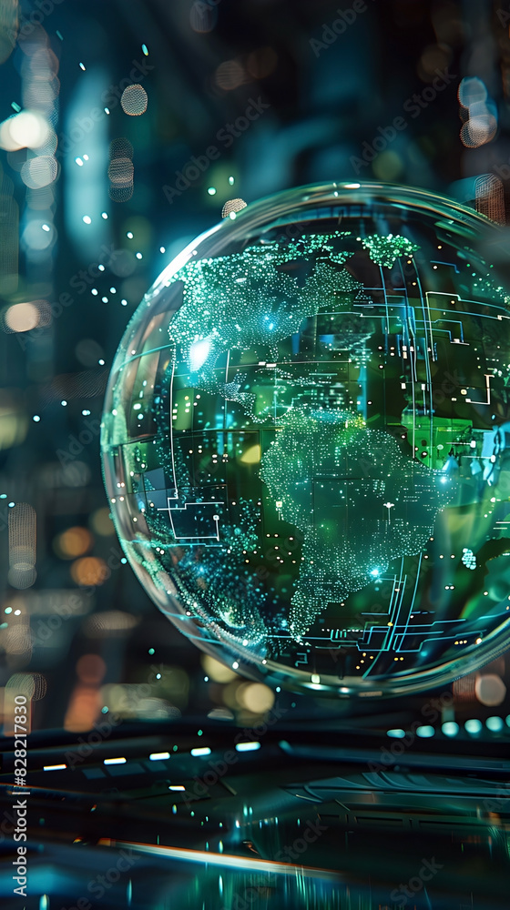 Fototapeta premium Holographic Visualization of Climate Change Metrics Over a Captivating Digital Globe with Striking Blue and Green Hues