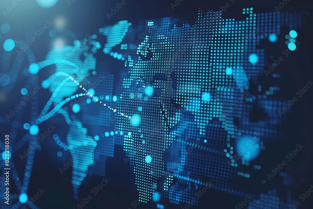 A dotted world map with blue dots on a dark blue background, representing global data connections Closeup A dotted world map with blue dots on a dark blue background, representing global data connections Closeup