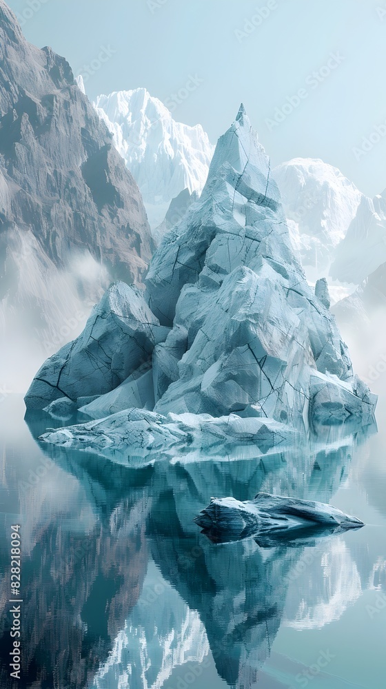 Obraz premium Jagged Geometric Rock Formations Protruding from Secluded Alpine Lake with Dramatic Shadows and Misty Atmosphere