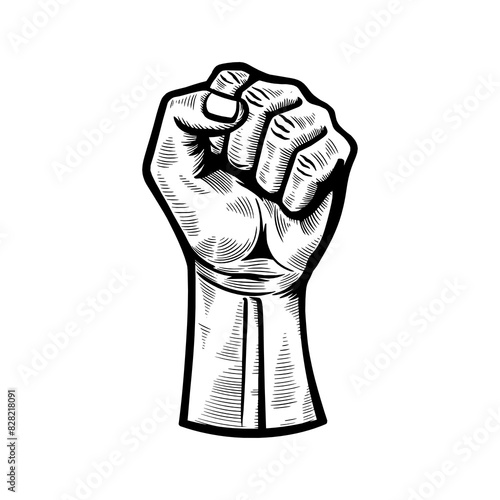Fist hand sketch. Fist illustration in vintage hand drawing. Hand raised 