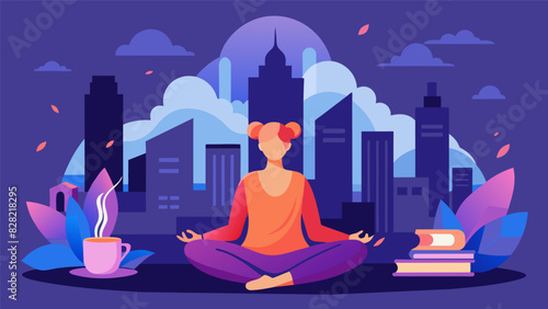 In the midst of a chaotic city a person finds respite in a virtual meditation room filled with calming incense soft music and the opportunity to focus on their breathing.. Vector illustration
