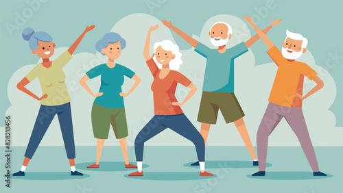 A group of seniors in a fitness class following instructions to move their bodies in specific patterns to help with memory recall.. Vector illustration