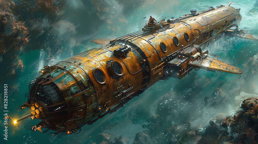 illustration of a steampunk submarine exploring the depths of the ocean ...