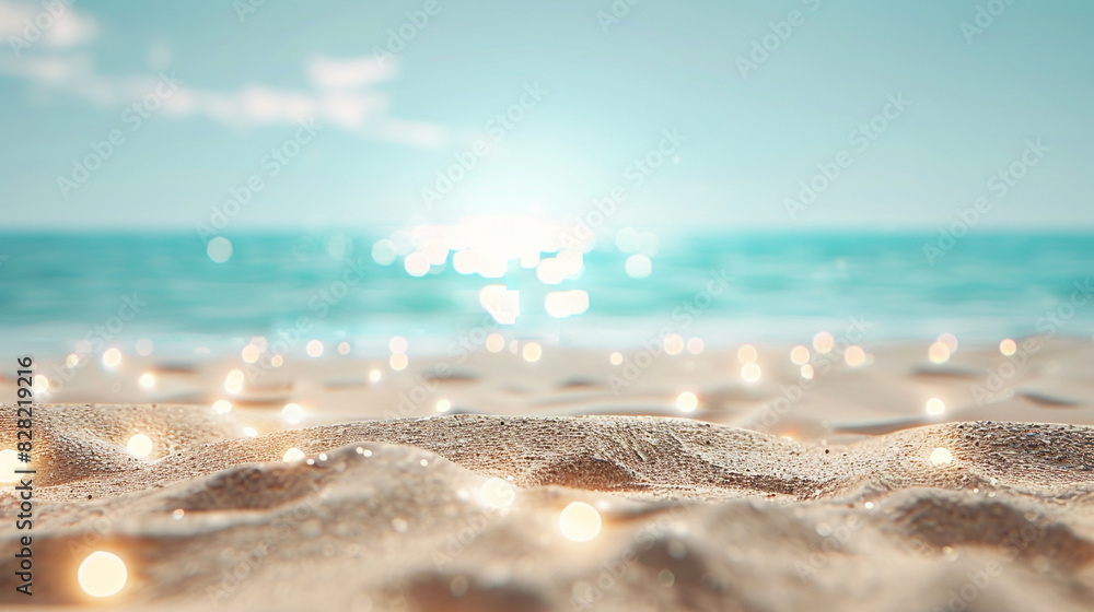 Warm sands under a soft light blue sky, a tranquil beach adorned with bokeh. Warm sands under a soft light blue sky, a tranquil beach adorned with bokeh.