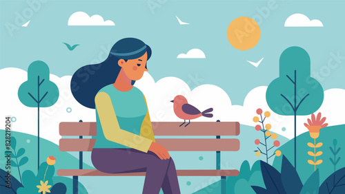 A woman sits on a bench in a peaceful garden a small bird perched on her shoulder chirping away and providing a soothing soundtrack to her thoughts.. Vector illustration