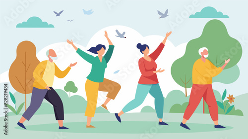 Amidst the sounds of birds chirping and a gentle breeze a group of seniors gather in the park to perform Tai Chi their movements fluid and precise.. Vector illustration