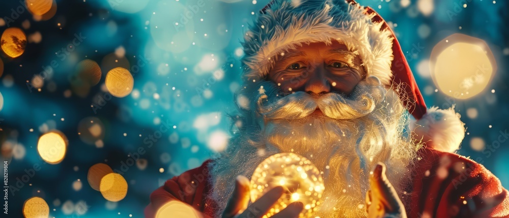 Christmas Eve presents a Happy Santa Claus holding a glowing Christmas ball over a defocused blue background
