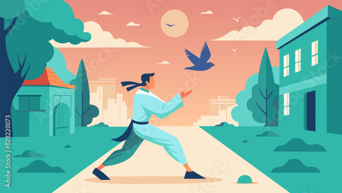 The birdsong provides a soothing backdrop to the slow and deliberate movements of a lone Tai Chi practitioner in a quiet street.. Vector illustration
