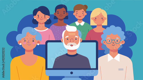 A group of seniors marveling at the wonders of virtual communication as they video chat with family members across the country.. Vector illustration