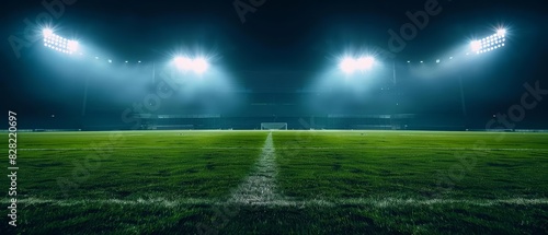 Football stadium with bright floodlights illuminating the field at night Closeup photo