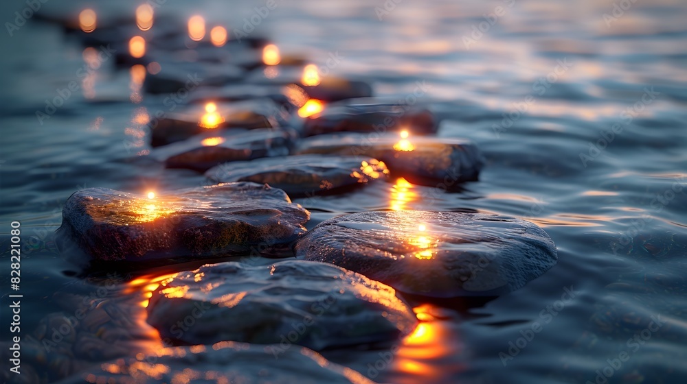 Tranquil River Stones Basking in Warm Glow of Dusk's Peaceful Ambiance Tranquil River Stones Basking in Warm Glow of Dusk's Peaceful Ambiance