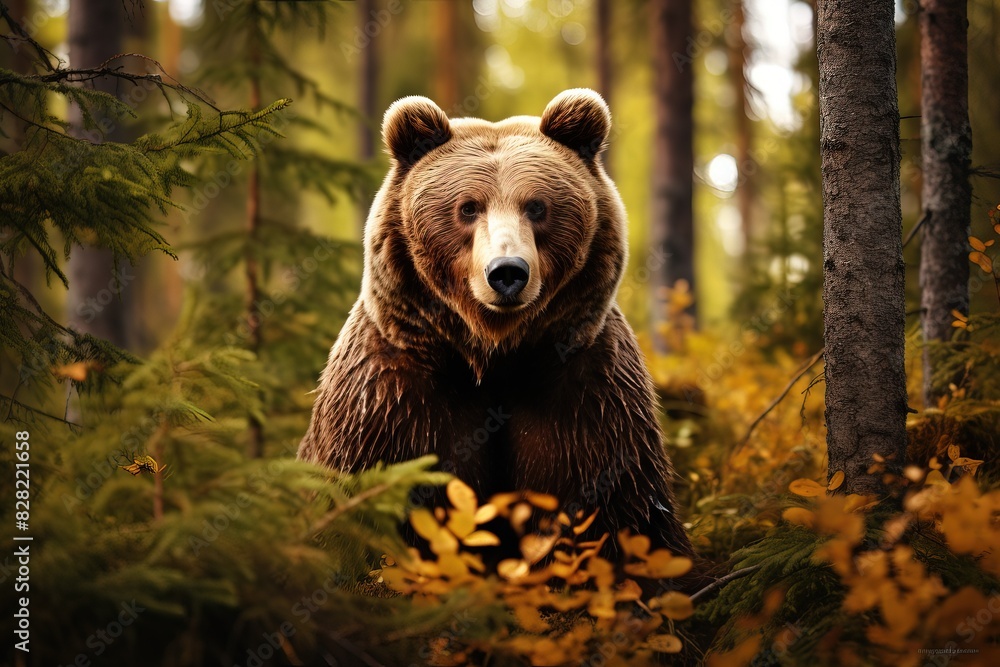 Big brown bear in the summer forest. He looks curiously into the camera. Big bear in the summer forest.