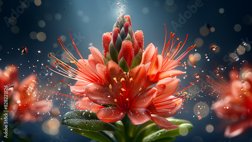 A close up of a red flower with water droplets on it photo