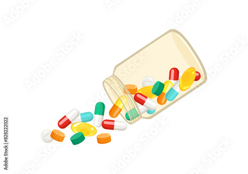 Multi-colored pills and capsules spilling out of transparent pill bottle. Vector cartoon flat illustration of open container for medication. 