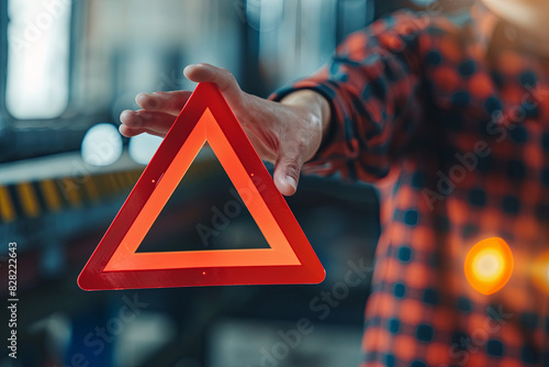 Hand showing red triangle caution sign, warning of maintenance issues