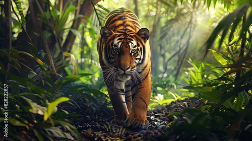 Majestic Tiger Roaming Through Lush Jungle Habitat with Sunlight Filtering Through Canopy