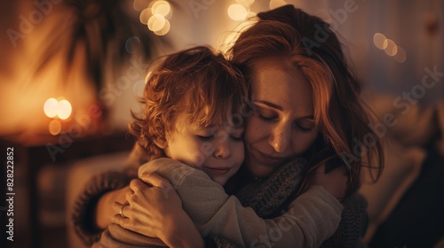 Heartwarming Mother and Child Embrace in Cozy Living Room - A Symbol of Love and Comfort