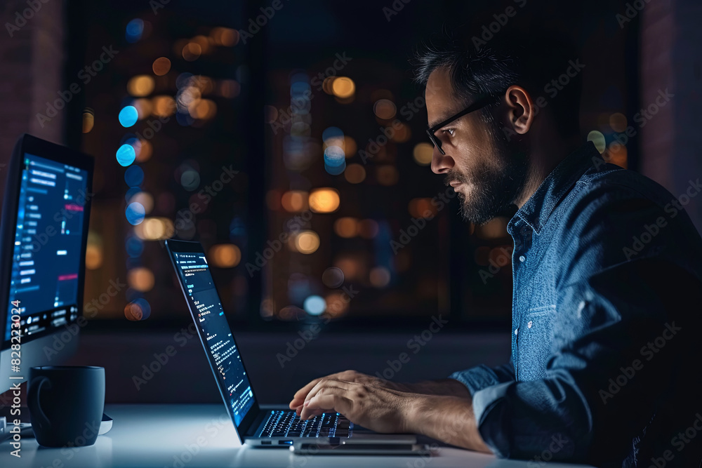 Focused programmer using laptop in dark, working late or studying Focused programmer using laptop in dark, working late or studying