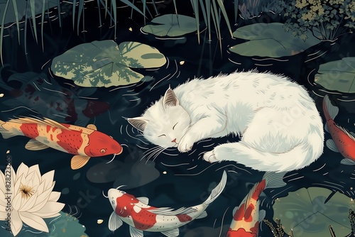 A white cat sleeping a moonnight by a koi pond, Japanese illustration style photo