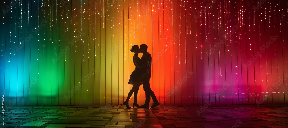 Silhouette of couple dancer with colorful LGBT rainbow glowing wall background. Generative AI technology.
Silhouette of couple dancer with colorful LGBT rainbow glowing wall background. Generative AI technology.