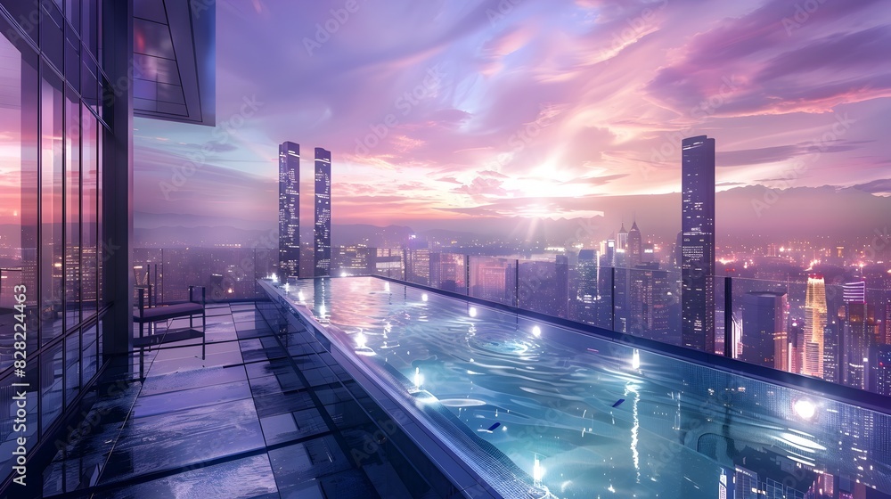 Fototapeta premium Breathtaking Skyline Retreat Luxurious Rooftop Spas Overlooking a Vibrant City at Sunset