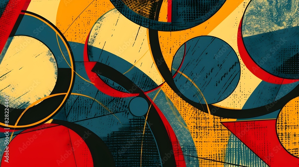 Fototapeta premium Retro Geometric Abstract Backdrop with Overlapping Organic Shapes in Bold Color Palette