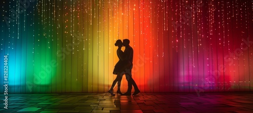 Silhouette of couple dancer with colorful LGBT rainbow glowing wall background. Generative AI technology. 