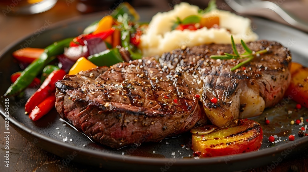 Mouthwatering Steak Dinner Perfectly Seared Beef Steak Served with Flavorful Roasted Vegetables and Creamy Mashed Potatoes on a Rustic Platter Mouthwatering Steak Dinner Perfectly Seared Beef Steak Served with Flavorful Roasted Vegetables and Creamy Mashed Potatoes on a Rustic Platter
