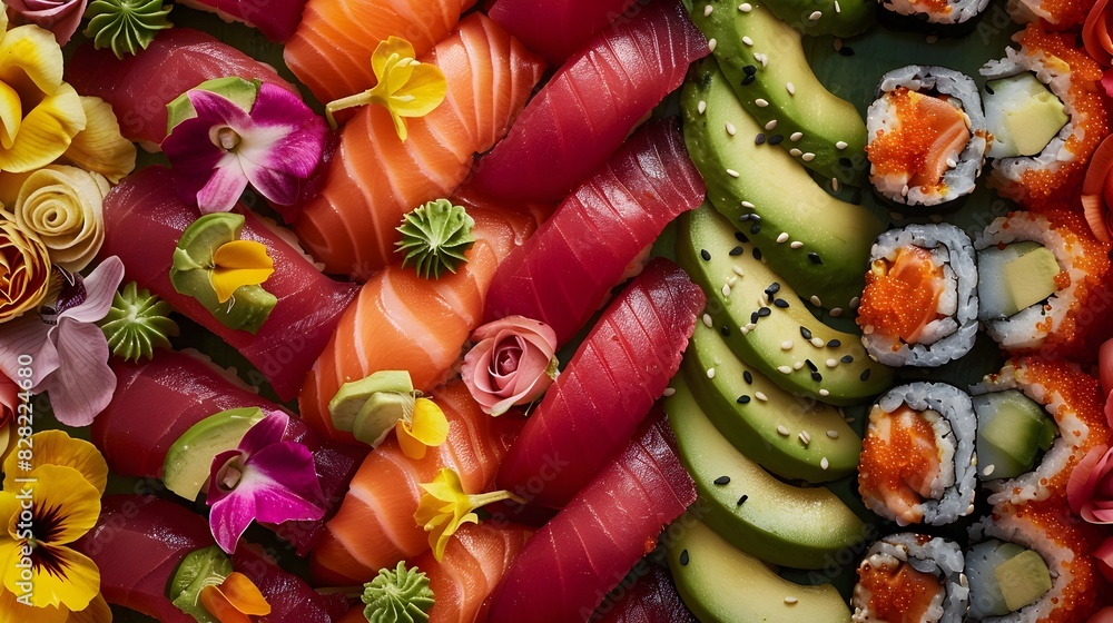 Vibrant and Artfully Arranged Sushi Platter with Fresh Ingredients and Floral Garnishes