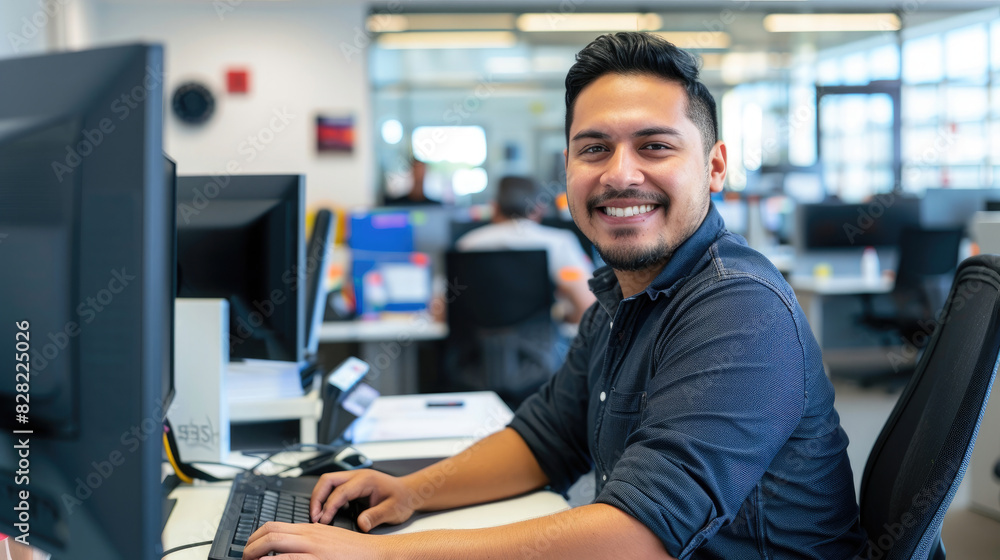 Happy and successful young latino male software engineer working at desk with computer looking front and smiling against modern office background Happy and successful young latino male software engineer working at desk with computer looking front and smiling against modern office background