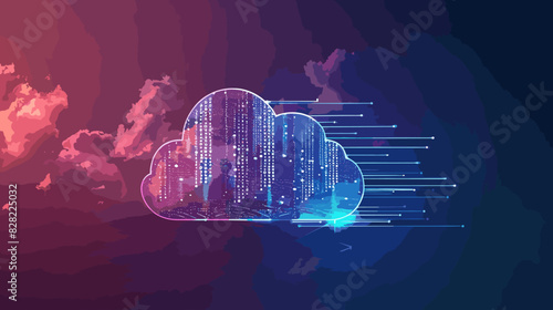 Cloud with progress bar and cable lines representing data storage technology. Uploading and downloading media content, cloud computing concept for efficient information management. photo