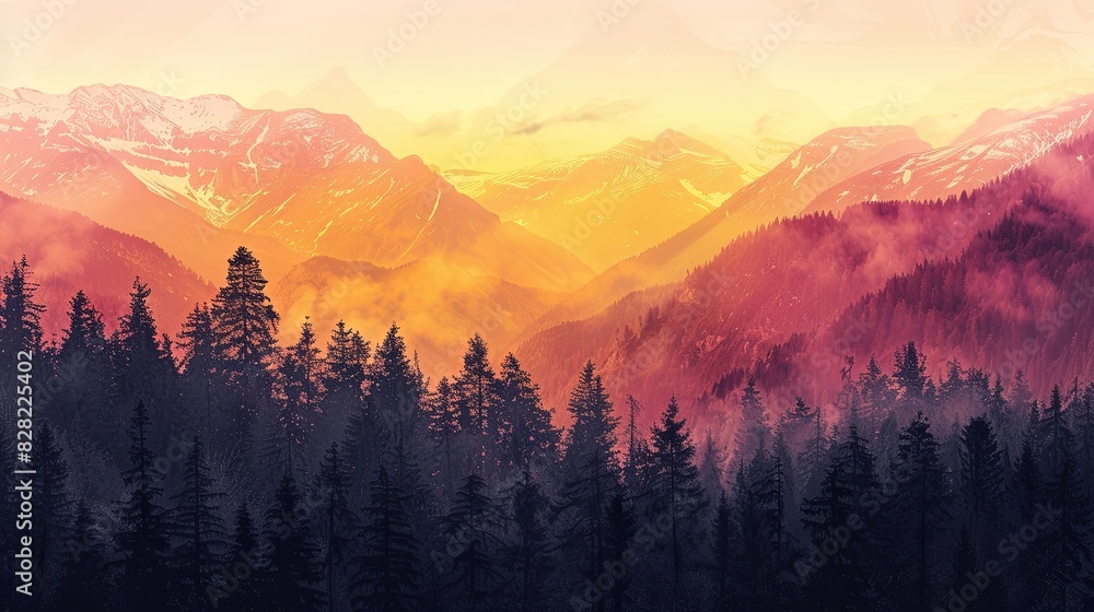 Obraz premium Mystical Dawn in the Mountains: Double Exposure Silhouette with Radiant Colors and Copy Space