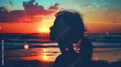 Radiant Sunset Beach Silhouette with Falling Stars Double Exposure