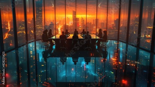 A corporate boardroom scene with executives discussing financial strategies against a backdrop of city skyline