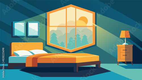 A minimalistic bedroom with a large bay window allowing sunshine to pour in and wake up the rooms natural elements.. Vector illustration