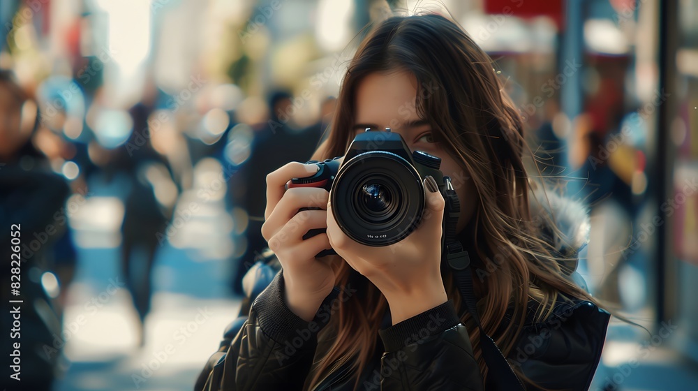 Girl holding her camera and taking pictures in the street, closeup of hands with a DSLR camera