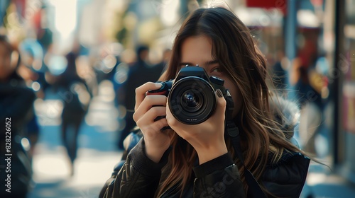 Girl holding her camera and taking pictures in the street, closeup of hands with a DSLR camera